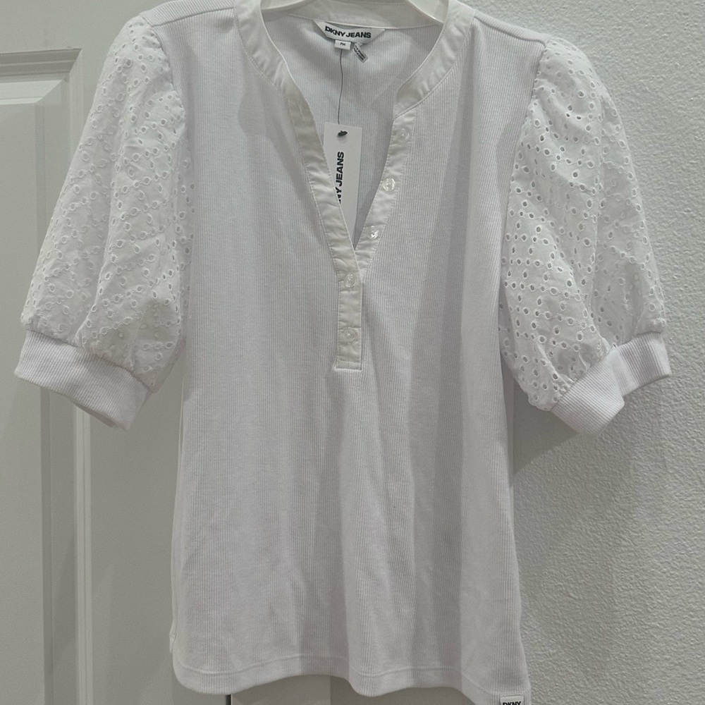DKNY White Blouse with Eyelet Puff Sleeves